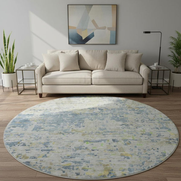 HomeRoots 8' Blue Beige and Gold Abstract Washable Round Rug – Durable, Stylish, UV Protected for Busy Homes 685382