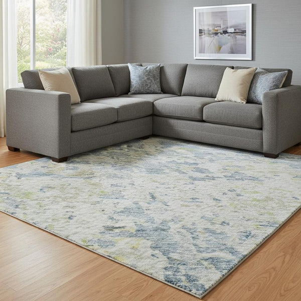 HomeRoots 8' X 10' Abstract Blue Beige Gold Area Rug - Washable, UV Protected, Stain Resistant for High Traffic Rooms 685383