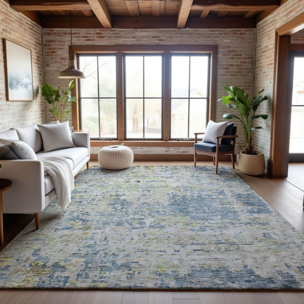 HomeRoots 9' X 12' Stylish Blue Beige Gold Abstract Washable Area Rug with UV Protection for Family Spaces 685384