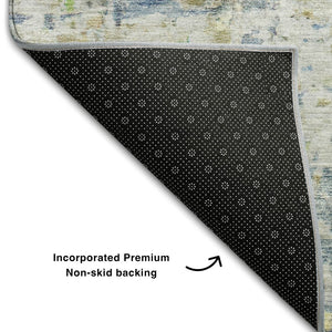 HomeRoots 9' X 12' Stylish Blue Beige Gold Abstract Washable Area Rug with UV Protection for Family Spaces 685384