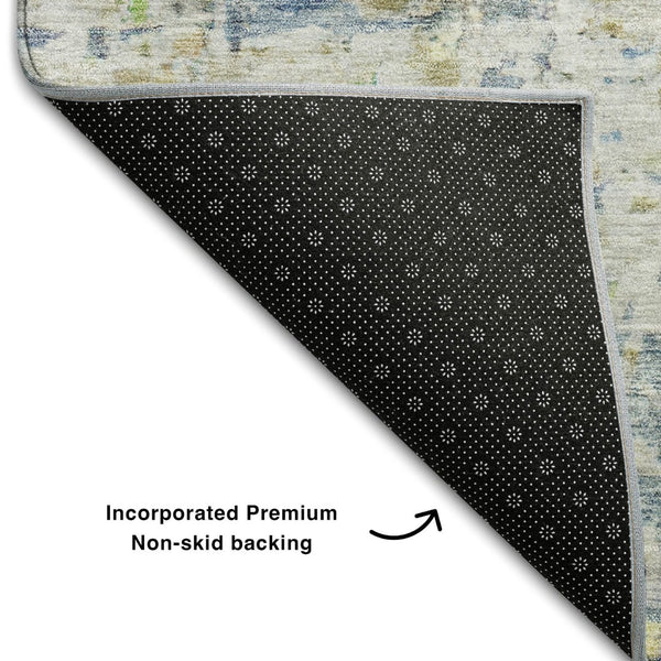 HomeRoots 9' X 12' Stylish Blue Beige Gold Abstract Washable Area Rug with UV Protection for Family Spaces 685384