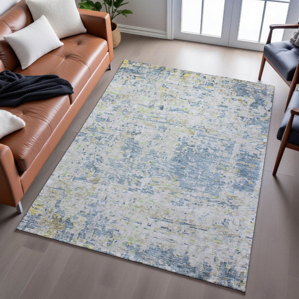 HomeRoots 9' X 12' Stylish Blue Beige Gold Abstract Washable Area Rug with UV Protection for Family Spaces 685384