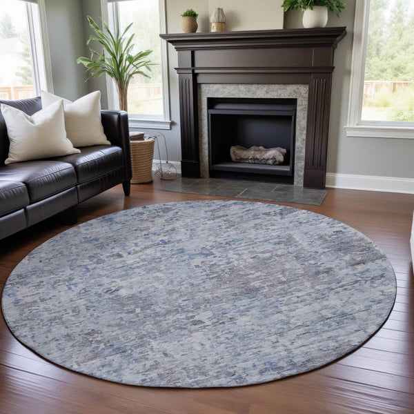 HomeRoots 8' Stylish Sky Blue, Gray & Silver Abstract Round Rug - Washable, UV Protected, Perfect for High-Traffic Areas 685394