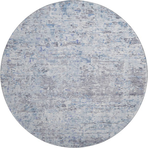 HomeRoots 8' Stylish Sky Blue, Gray & Silver Abstract Round Rug - Washable, UV Protected, Perfect for High-Traffic Areas 685394
