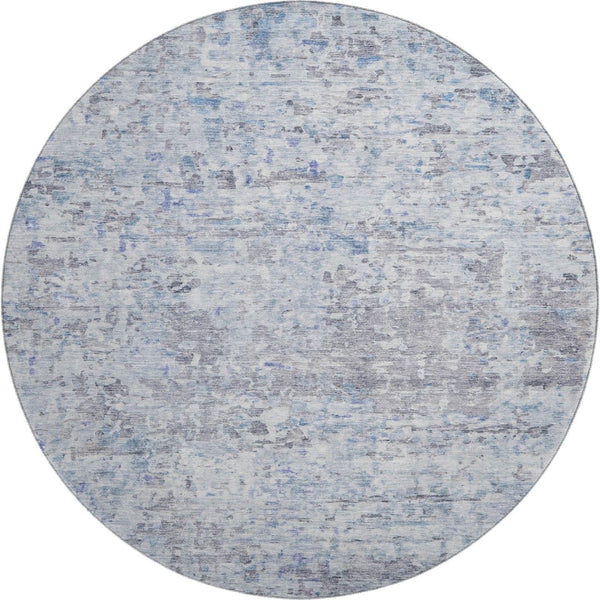 HomeRoots 8' Stylish Sky Blue, Gray & Silver Abstract Round Rug - Washable, UV Protected, Perfect for High-Traffic Areas 685394