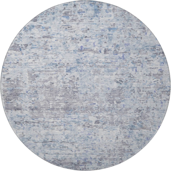 HomeRoots 8' Stylish Sky Blue, Gray & Silver Abstract Round Rug - Washable, UV Protected, Perfect for High-Traffic Areas 685394