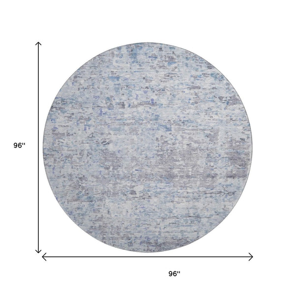 HomeRoots 8' Stylish Sky Blue, Gray & Silver Abstract Round Rug - Washable, UV Protected, Perfect for High-Traffic Areas 685394