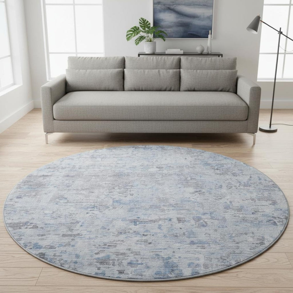 HomeRoots 8' Stylish Sky Blue, Gray & Silver Abstract Round Rug - Washable, UV Protected, Perfect for High-Traffic Areas 685394