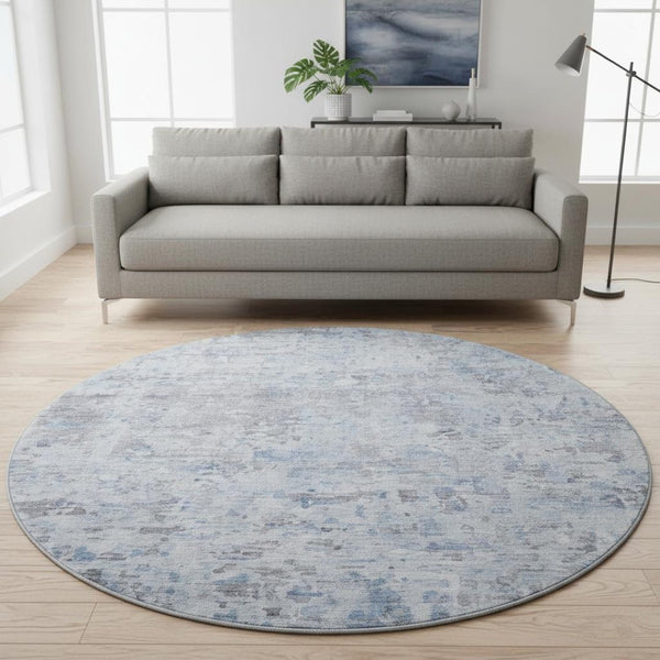 HomeRoots 8' Stylish Sky Blue, Gray & Silver Abstract Round Rug - Washable, UV Protected, Perfect for High-Traffic Areas 685394