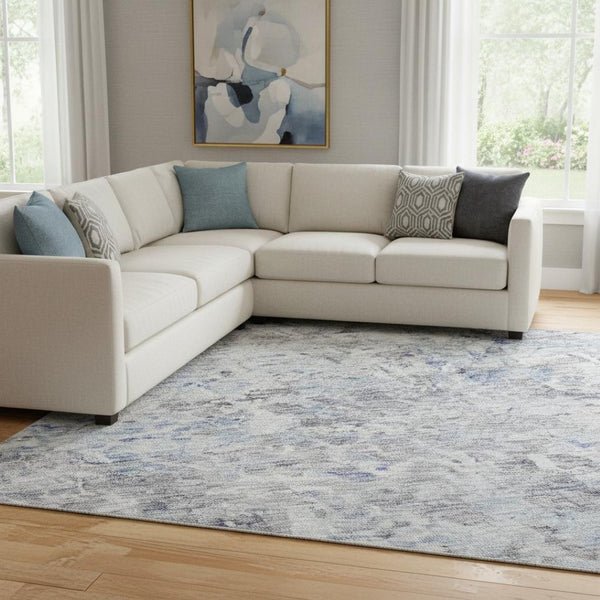 HomeRoots 8' X 10' Sky Blue Gray Silver Abstract Rug - Washable, UV Protected, Easy-Care for Modern Homes 685395