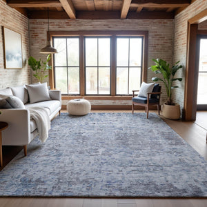 HomeRoots 9' X 12' Sky Blue Gray Silver Abstract Area Rug - Durable, Washable, UV-Protected for Family Spaces 685396