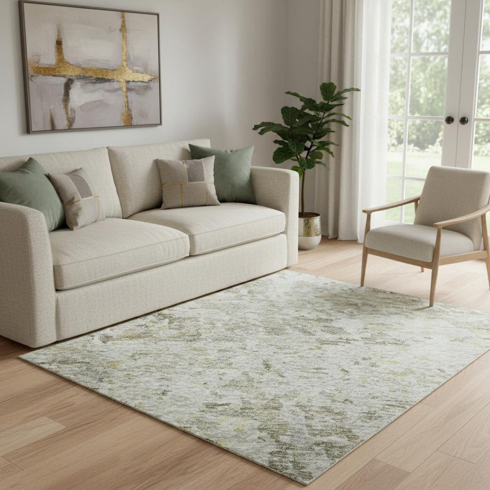 HomeRoots 5' Washable Taupe Beige & Gold Abstract Area Rug - UV Protected, Stain-Resistant, Easy-Care Design 685399