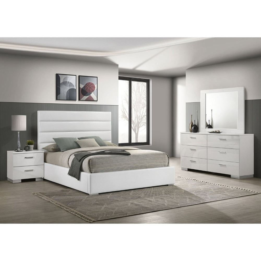 English Elm Dulcey Faux Leather Channel Tufted Eastern King Bedroom Set with High Gloss Storage B062S01512