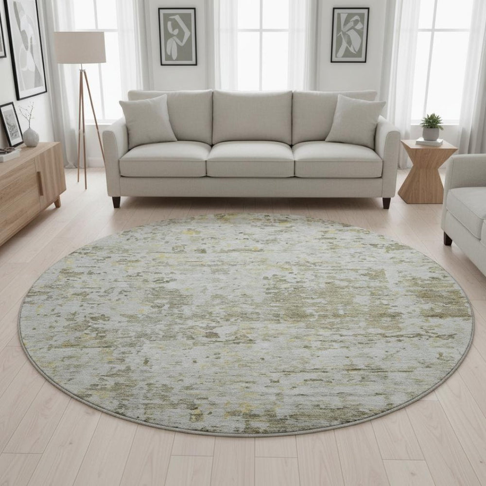 HomeRoots 8' Taupe Beige and Gold Abstract Round Washable Rug with UV Protection for Modern Living Spaces 685400