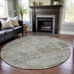 HomeRoots 8' Taupe Beige and Gold Abstract Round Washable Rug with UV Protection for Modern Living Spaces 685400