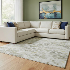 HomeRoots 10' X 14' Taupe Beige & Gold Abstract Area Rug - Washable, UV-Protected, Stain-Resistant Design 685403