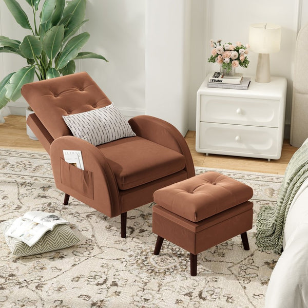 English Elm Upholstered Velvet Reclining Accent Chair with Ottoman Tufted Lounge Seating T3623P411360