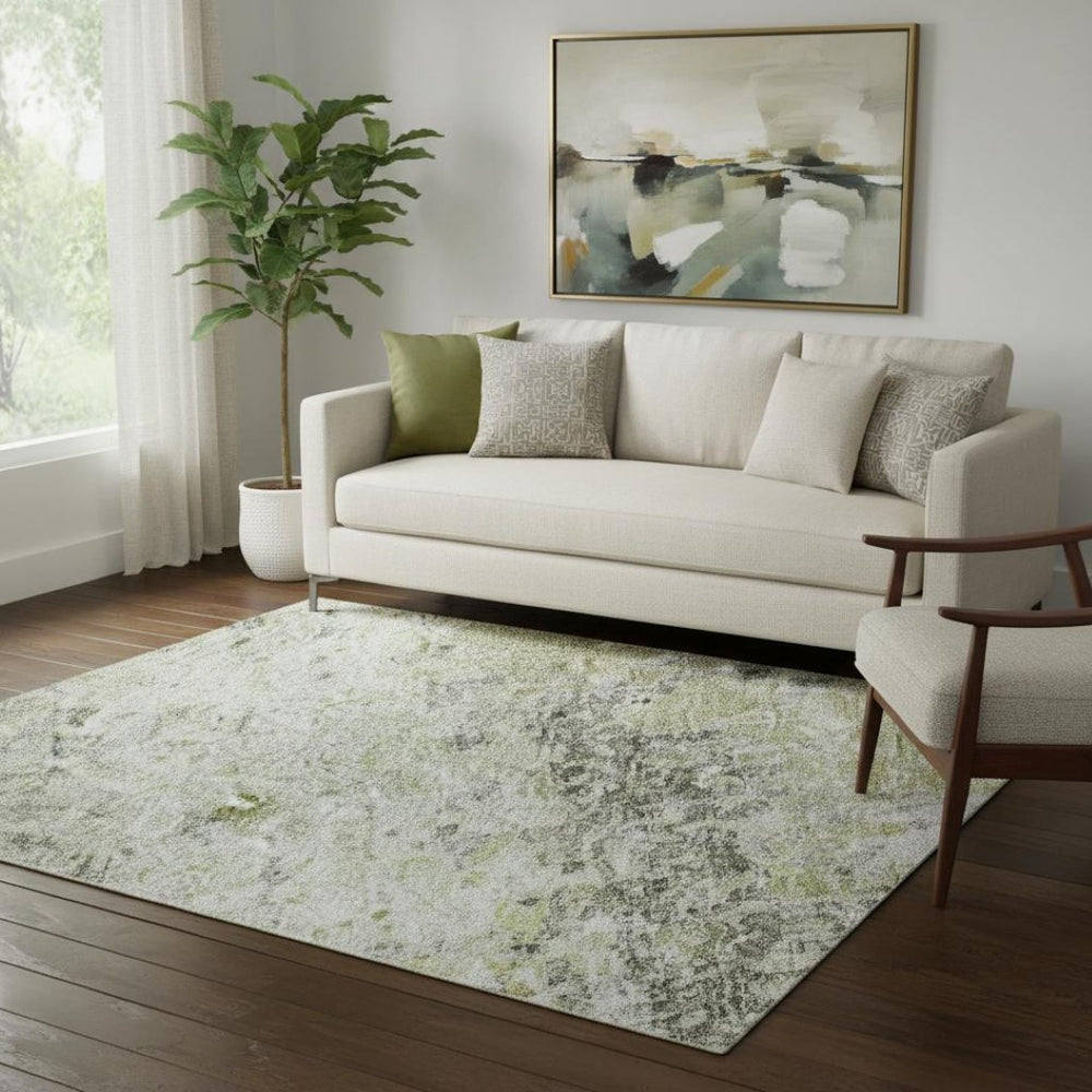 HomeRoots 5' X 8' Stylish Artichoke Green Gray Silver Abstract Washable Area Rug with UV Protection Benefits 685405