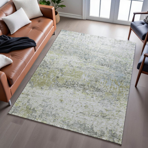 HomeRoots 5' X 8' Stylish Artichoke Green Gray Silver Abstract Washable Area Rug with UV Protection Benefits 685405