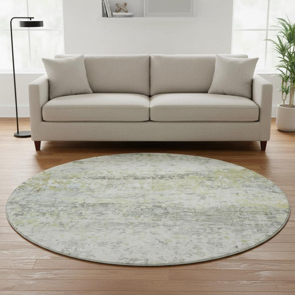 HomeRoots 8' Modern Artichoke Green, Gray & Silver Abstract Round Rug - Washable, UV-Protected & Durable Design 685406