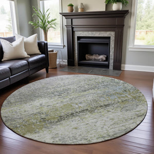 HomeRoots 8' Modern Artichoke Green, Gray & Silver Abstract Round Rug - Washable, UV-Protected & Durable Design 685406