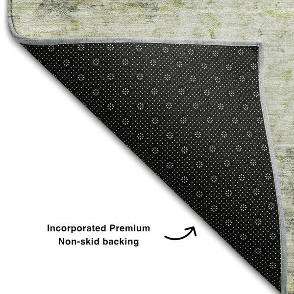 HomeRoots 8' Modern Artichoke Green, Gray & Silver Abstract Round Rug - Washable, UV-Protected & Durable Design 685406