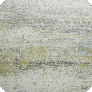 HomeRoots 8' Modern Artichoke Green, Gray & Silver Abstract Round Rug - Washable, UV-Protected & Durable Design 685406