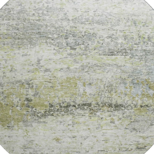 HomeRoots 8' Modern Artichoke Green, Gray & Silver Abstract Round Rug - Washable, UV-Protected & Durable Design 685406