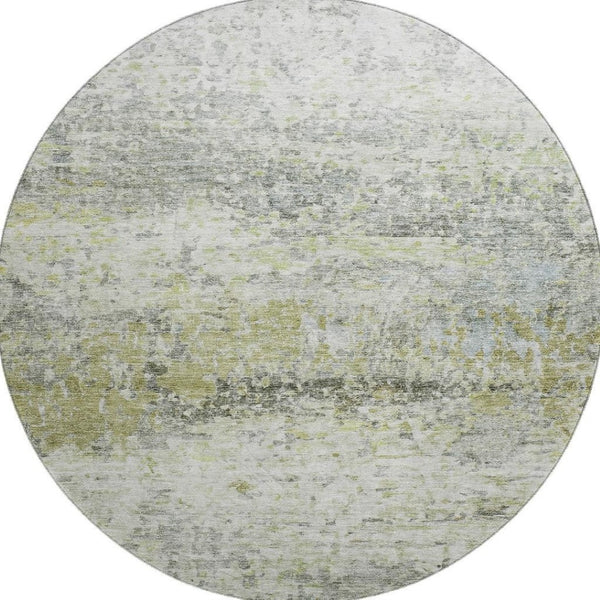 HomeRoots 8' Modern Artichoke Green, Gray & Silver Abstract Round Rug - Washable, UV-Protected & Durable Design 685406