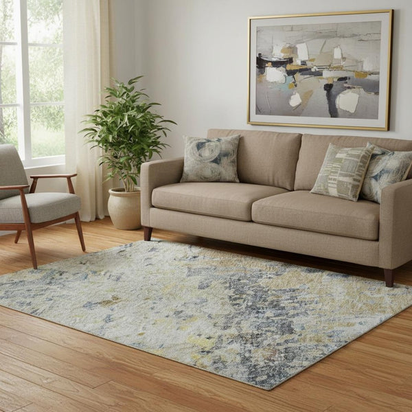 HomeRoots 5' X 8' Blue Gold Beige Abstract Area Rug - Washable, UV Protected, Durable & Stain Resistant Design 685411