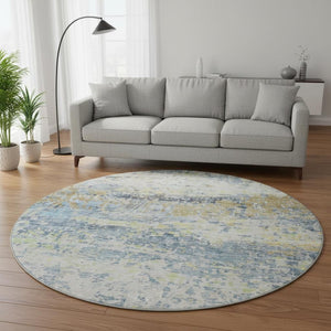 HomeRoots 8' Blue Gold Beige Abstract Washable Round Rug - UV Protected, Stain Resistant, Ideal for High-Traffic Spaces 685412