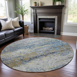 HomeRoots 8' Blue Gold Beige Abstract Washable Round Rug - UV Protected, Stain Resistant, Ideal for High-Traffic Spaces 685412