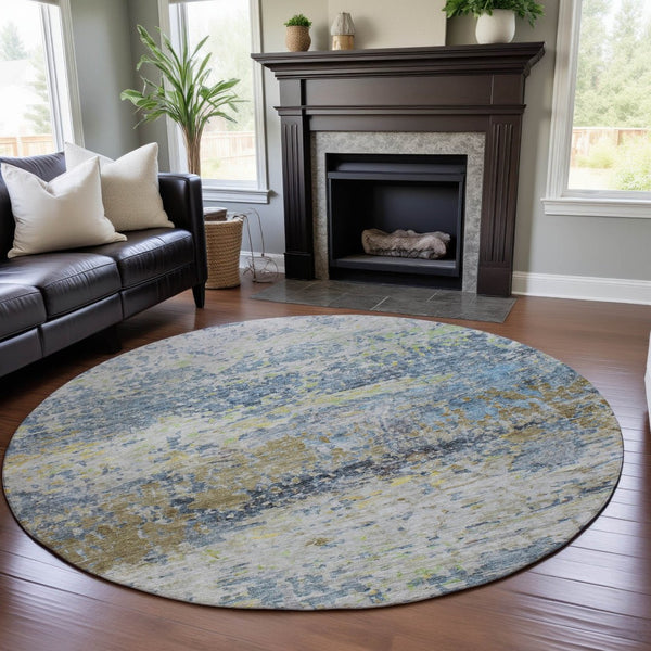 HomeRoots 8' Blue Gold Beige Abstract Washable Round Rug - UV Protected, Stain Resistant, Ideal for High-Traffic Spaces 685412