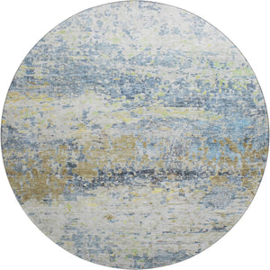 HomeRoots 8' Blue Gold Beige Abstract Washable Round Rug - UV Protected, Stain Resistant, Ideal for High-Traffic Spaces 685412