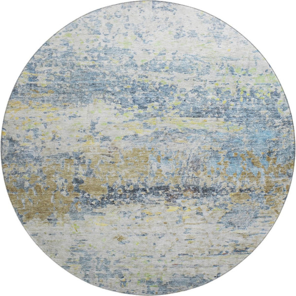 HomeRoots 8' Blue Gold Beige Abstract Washable Round Rug - UV Protected, Stain Resistant, Ideal for High-Traffic Spaces 685412