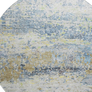 HomeRoots 8' Blue Gold Beige Abstract Washable Round Rug - UV Protected, Stain Resistant, Ideal for High-Traffic Spaces 685412