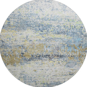 HomeRoots 8' Blue Gold Beige Abstract Washable Round Rug - UV Protected, Stain Resistant, Ideal for High-Traffic Spaces 685412