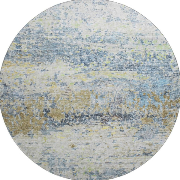 HomeRoots 8' Blue Gold Beige Abstract Washable Round Rug - UV Protected, Stain Resistant, Ideal for High-Traffic Spaces 685412