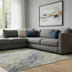 HomeRoots 8' X 10' Washable Blue Gold Beige Abstract Area Rug - Durable, UV Protected, Pet-Friendly Design 685413