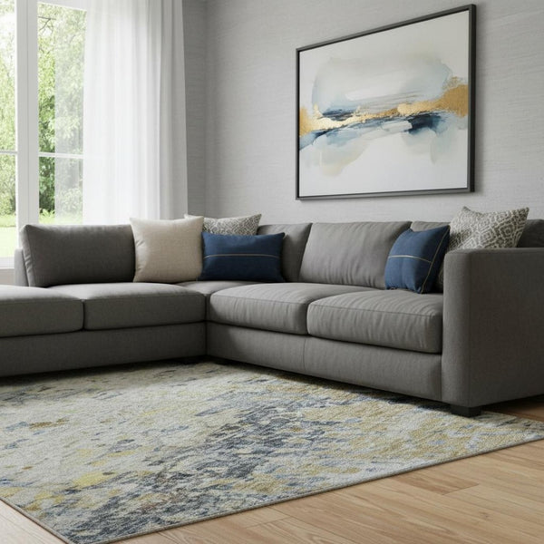 HomeRoots 8' X 10' Washable Blue Gold Beige Abstract Area Rug - Durable, UV Protected, Pet-Friendly Design 685413