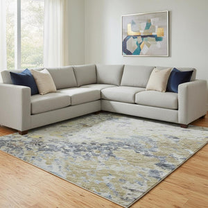 HomeRoots 10' X 14' Blue Gold Beige Abstract Washable Area Rug - UV Protected, Stain Resistant, Modern Style 685415
