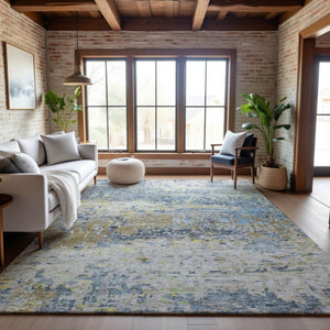 HomeRoots 10' X 14' Blue Gold Beige Abstract Washable Area Rug - UV Protected, Stain Resistant, Modern Style 685415