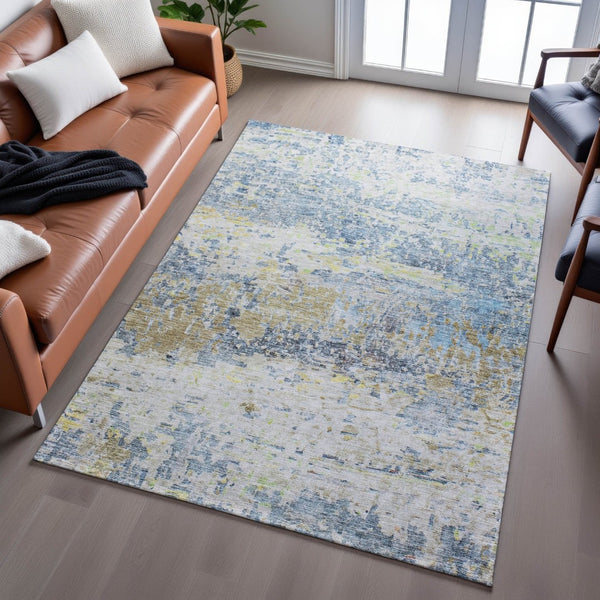 HomeRoots 10' X 14' Blue Gold Beige Abstract Washable Area Rug - UV Protected, Stain Resistant, Modern Style 685415