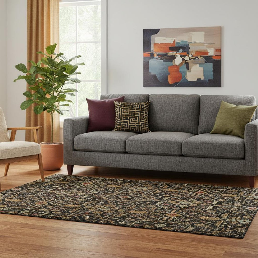 HomeRoots 5' X 8' Black, Gold & Blue Oriental Washable Area Rug with UV Protection & Stain Resistance 685424