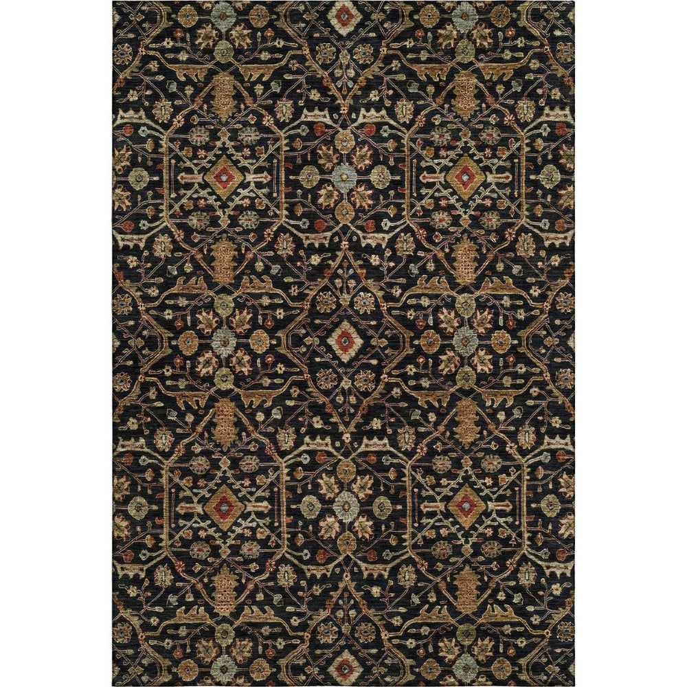 HomeRoots 5' X 8' Black, Gold & Blue Oriental Washable Area Rug with UV Protection & Stain Resistance 685424