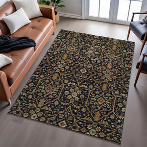 HomeRoots 5' X 8' Black, Gold & Blue Oriental Washable Area Rug with UV Protection & Stain Resistance 685424