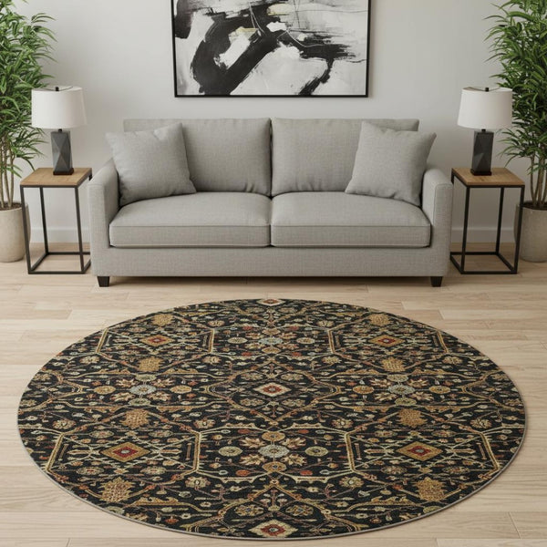 HomeRoots 8' Stylish Black, Gold & Blue Oriental Washable Round Rug with UV Protection & Stain Resistance 685426