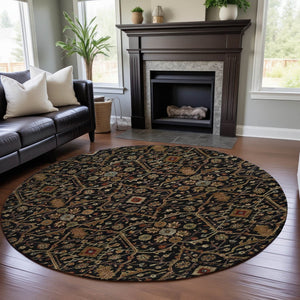 HomeRoots 8' Stylish Black, Gold & Blue Oriental Washable Round Rug with UV Protection & Stain Resistance 685426