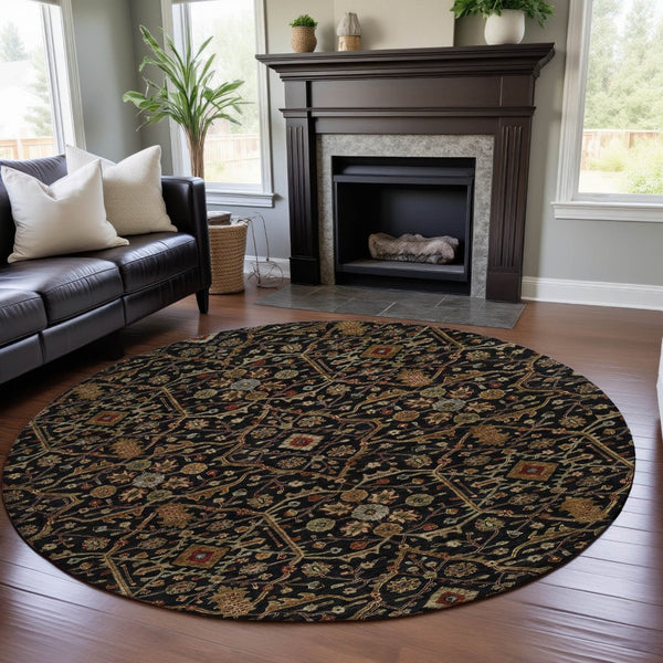 HomeRoots 8' Stylish Black, Gold & Blue Oriental Washable Round Rug with UV Protection & Stain Resistance 685426