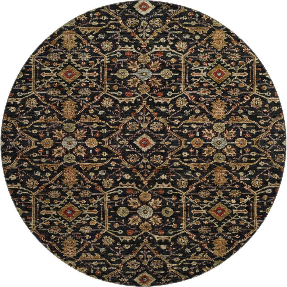 HomeRoots 8' Stylish Black, Gold & Blue Oriental Washable Round Rug with UV Protection & Stain Resistance 685426